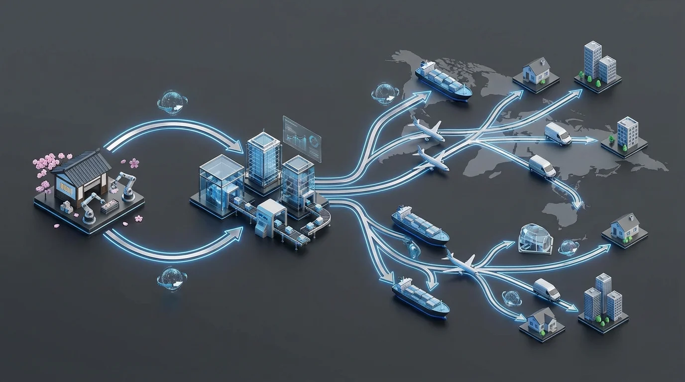 A sophisticated conceptual diagram illustrating the global logistics flow of Fulfillment by Amazon (FBA), showing products moving from a Japanese workshop to international customers via high-tech distribution centers.
