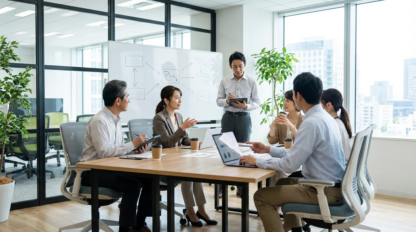A team of professionals collaborating in a modern office environment to internalize e-commerce operations, focusing on strategic planning and knowledge transfer.