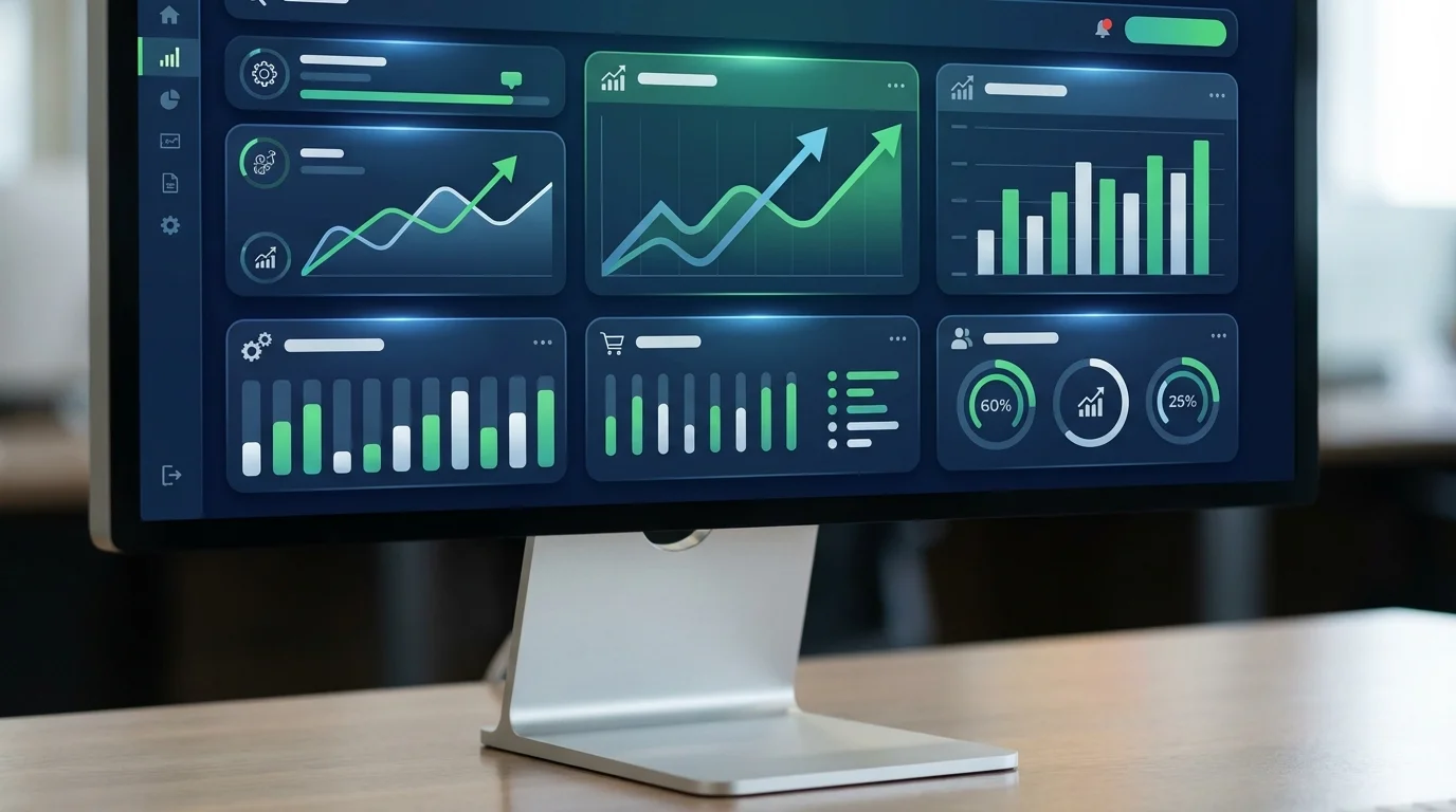 A detailed close-up of a digital dashboard showing complex e-commerce performance metrics including conversion rates, customer acquisition costs, and lifetime value projections, presented on a high-resolution screen with professional UI design.