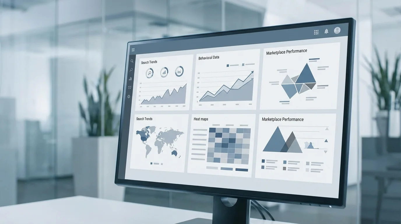 Professional e-commerce analytics interface showing search term trends, customer behavioral data, and marketplace performance visualization.