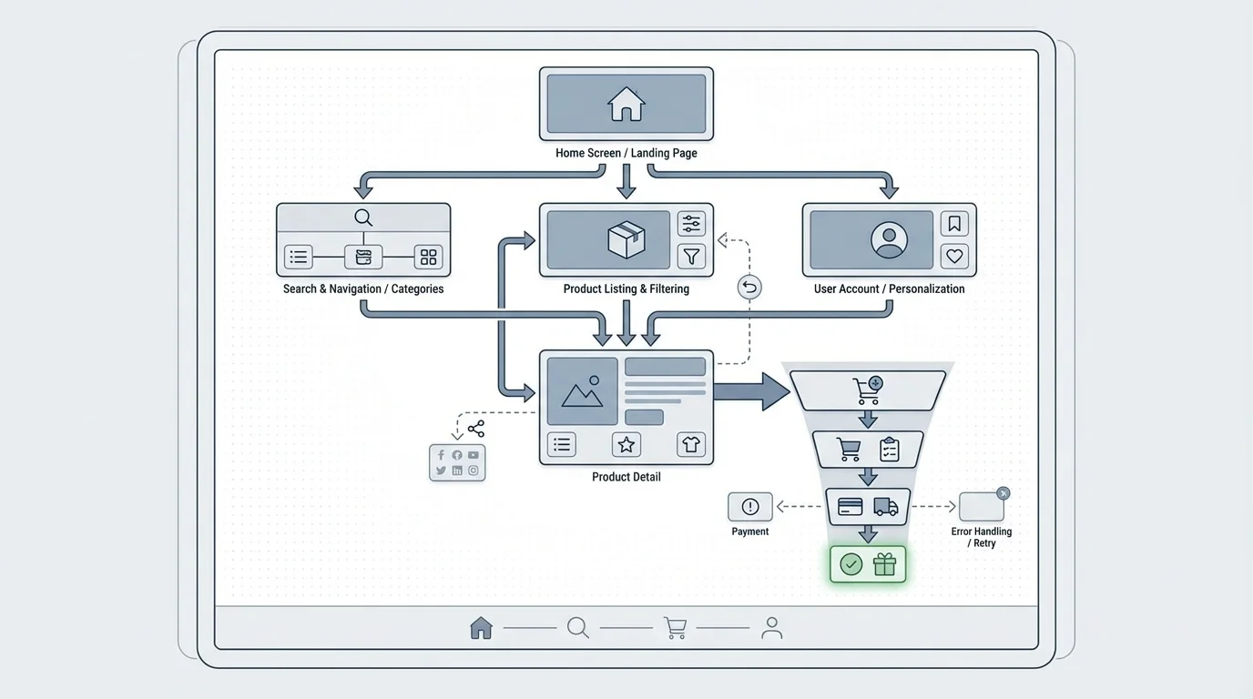 A technical diagram representing the UI/UX architecture for a mobile shopping site, emphasizing the hierarchy of information, navigation flow, and conversion funnel optimization.