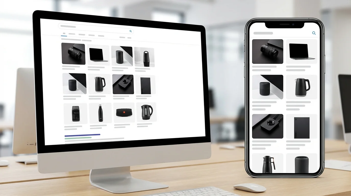 Comparison between desktop and mobile viewports for Rakuten search results, emphasizing the visual impact of high-contrast product photography and clean typography within small screens.