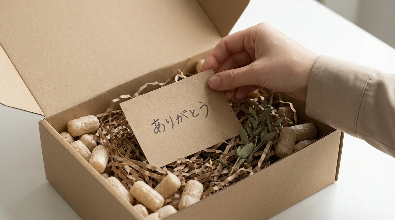 Close-up of a hand-written thank you note placed inside a shipping box with eco-friendly packing materials, representing personal touch and customer appreciation strategy for small businesses.