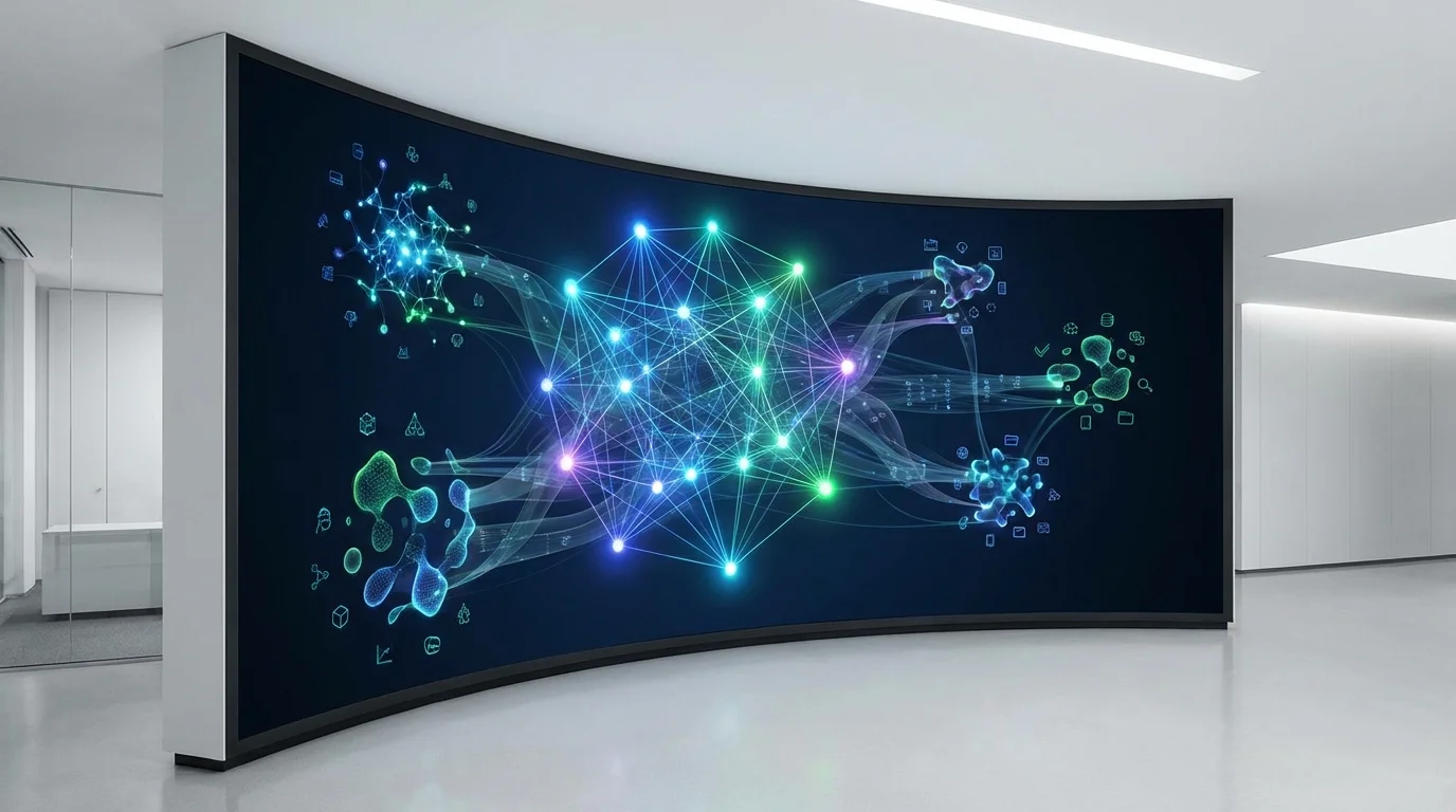 Complex data visualization showing interconnected nodes of consumer behavior and product specifications, representing high-tech semantic analysis.