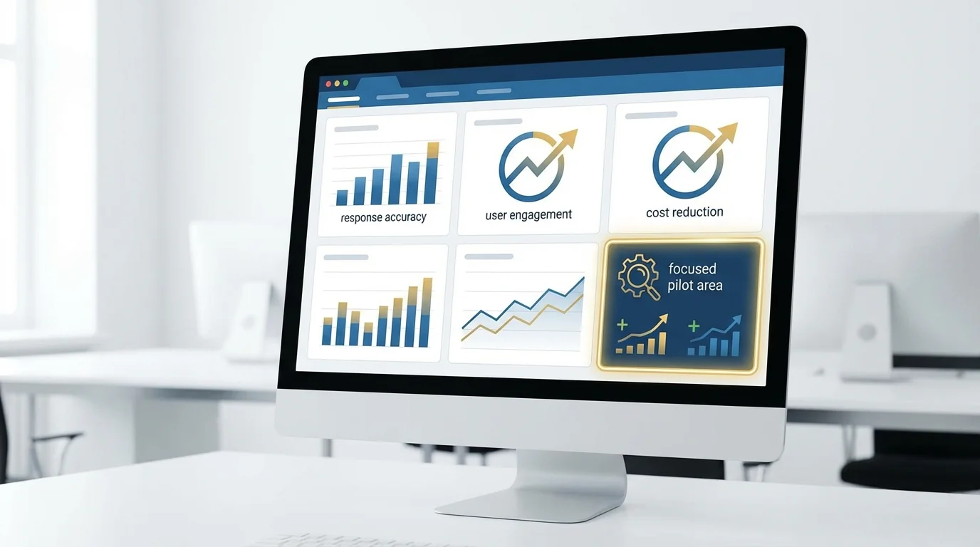 A detailed analytical dashboard showing data metrics for AI chatbot performance, including response accuracy rates, user engagement levels, and cost reduction charts, visualized through professional blue and gold business interface design representing enterprise-level digital transformation analytics.