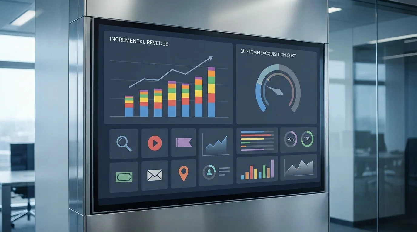 A sophisticated dashboard displaying marketing attribution models and cross-channel performance data with focus on incremental revenue growth and customer acquisition cost visualization.