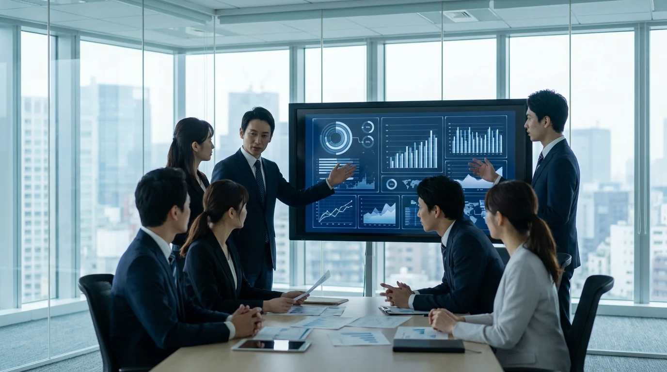 Professional business environment showing collaborative strategic analysis and performance metric monitoring on digital displays.