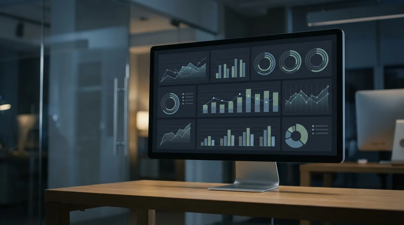 Detailed data analytics screen showing intricate line charts and bar graphs representing video engagement performance, retention curves, and user behavior patterns, professional atmosphere, no text.