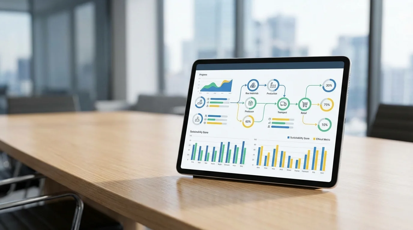 Detailed data visualization on a tablet screen showing ethical sourcing metrics and sustainability scores for various manufacturing stages in a global supply chain network.