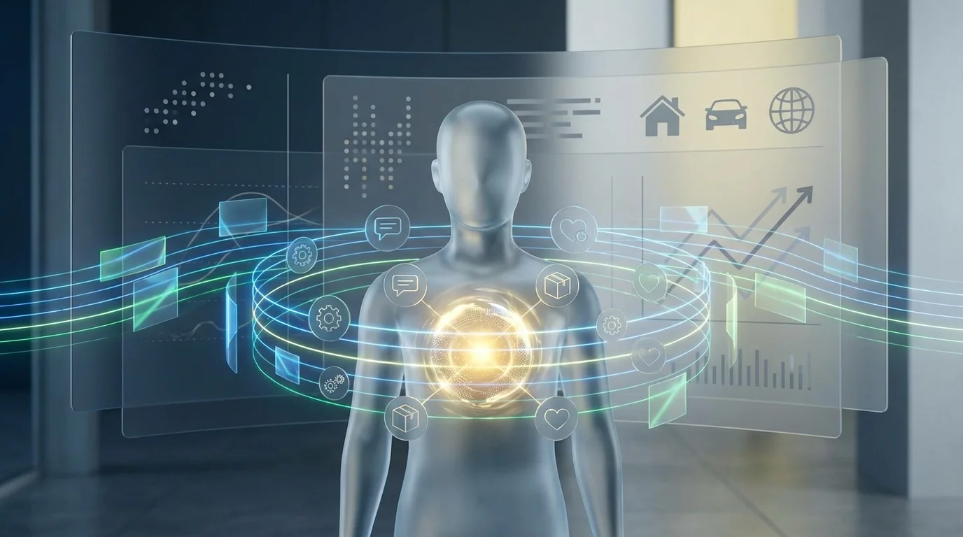 An abstract representation of a customer data platform gathering various signals such as survey responses and preference settings to create a holistic view of the individual consumer for high-precision marketing automation.