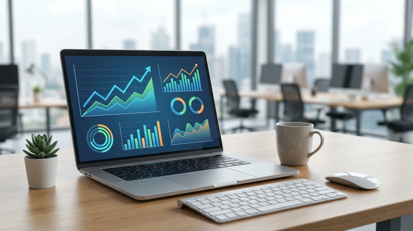 A professional workspace with a laptop displaying business analytics and charts, focusing on growth metrics and customer retention data visualization for e-commerce optimization.