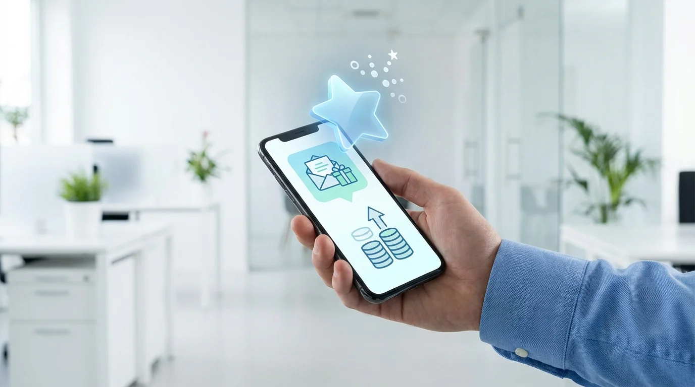 A professional conceptual image representing customer loyalty and rewards, showing a hand holding a smartphone with a stylized star and point system icon floating above the screen in a clean environment.