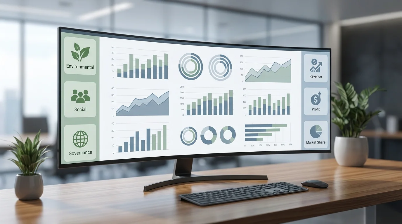 A professional business dashboard showing environmental social governance metrics alongside traditional financial performance indicators for a holistic view of company health.