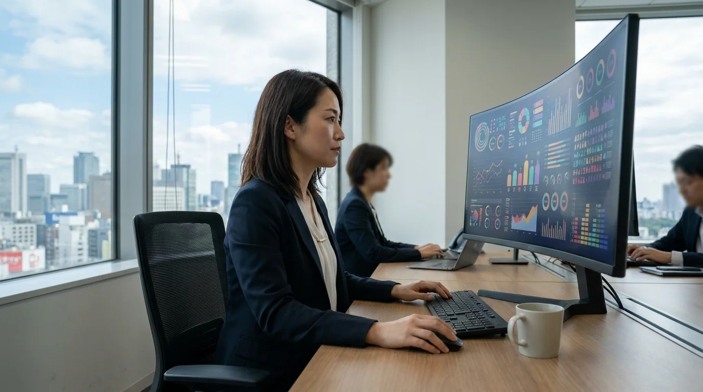A professional Japanese data analyst working in a Tokyo office, focusing on a monitor displaying complex data visualizations and video editing waveforms. The setting is a modern, clean Japanese corporate environment.
