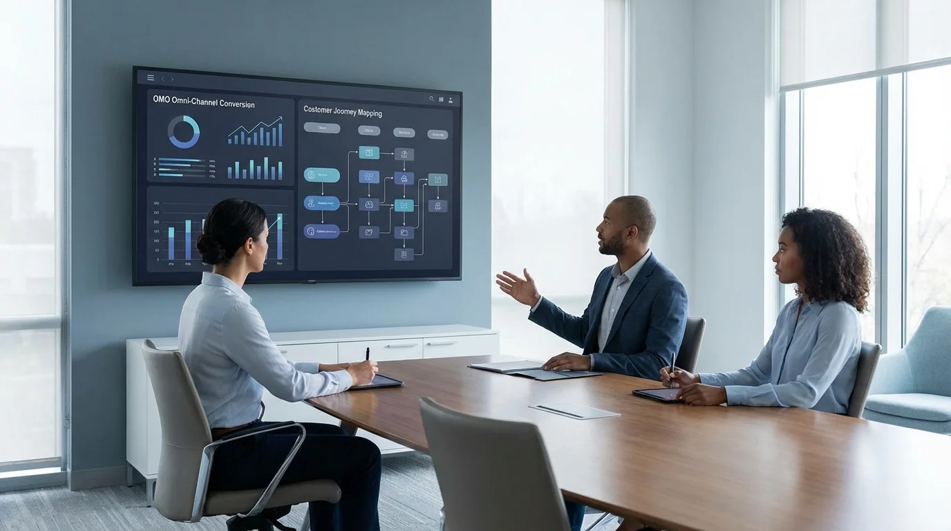A professional strategic marketing session showing a digital dashboard with OMO omni-channel conversion metrics and customer journey mapping for physical and digital retail integration.