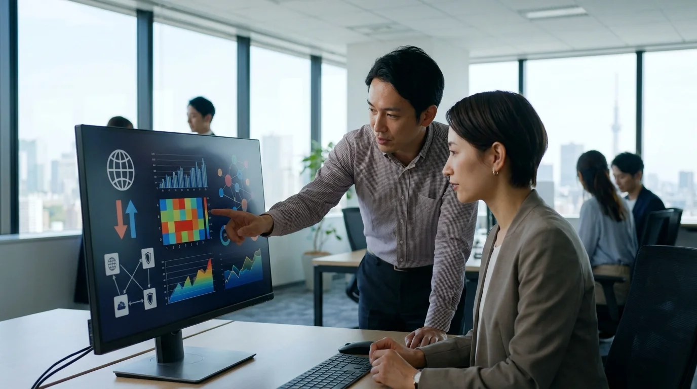 A high-tech monitor showing complex data visualizations where Japanese data analysts monitor real-time flow of customer intent signals across multiple digital channels in a Tokyo-based command center.