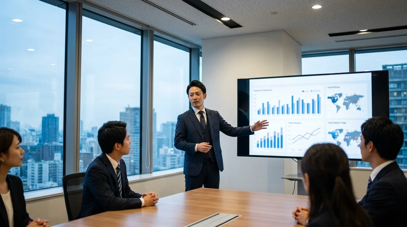 A conceptual illustration of a Japanese sales manager in a modern office, strategically assigning high-priority leads to team members based on AI-generated intent scores displayed on a large glass screen.