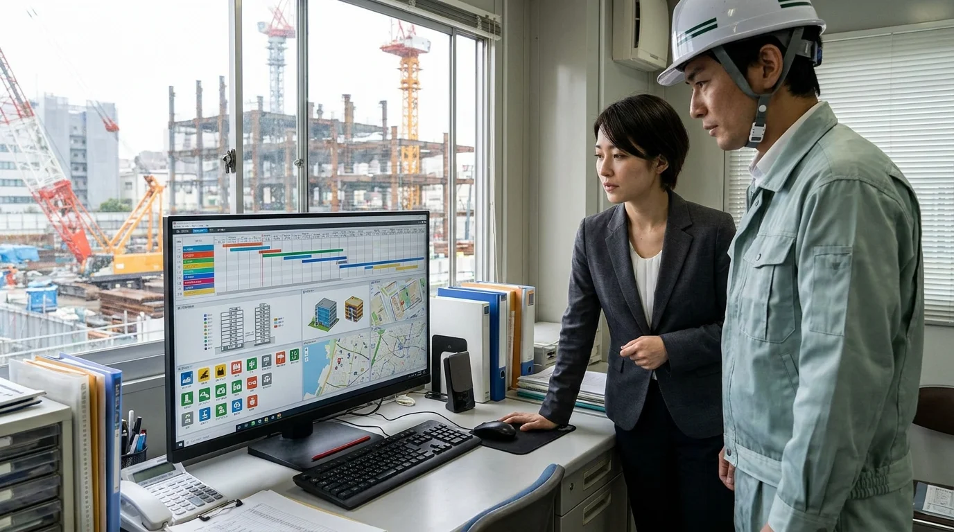A sophisticated technical interface showing real-time AI object detection on a construction site photo. Bounding boxes highlight rebar, wooden forms, and concrete surfaces with percentage confidence scores. A Japanese data analyst is visible in the background reflection of the screen, monitoring the system metrics.