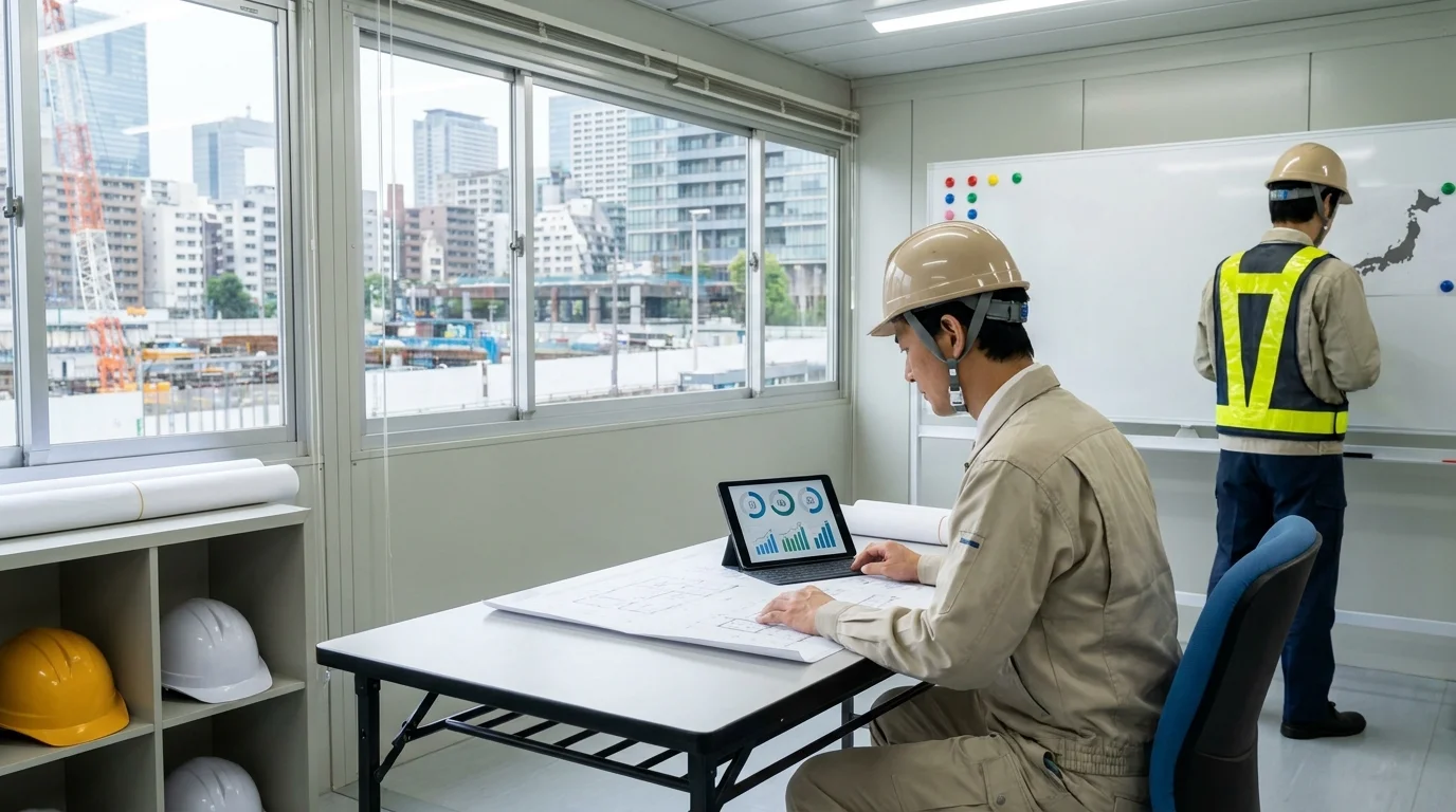 A professional Japanese safety manager in a clean, modern construction office in Tokyo, looking at a tablet showing an AI-generated summary of safety measures. The person is wearing a neat Japanese safety vest and helmet. The background features a large digital screen displaying data charts and site status, emphasizing a high-tech approach to traditional Japanese industrial safety management.