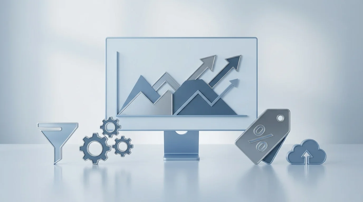 A high-end conceptual visual showing various e-commerce growth metrics and strategy icons such as conversion funnels and promotional discount tags arranged in a clean, modern business layout to represent professional Amazon account management.