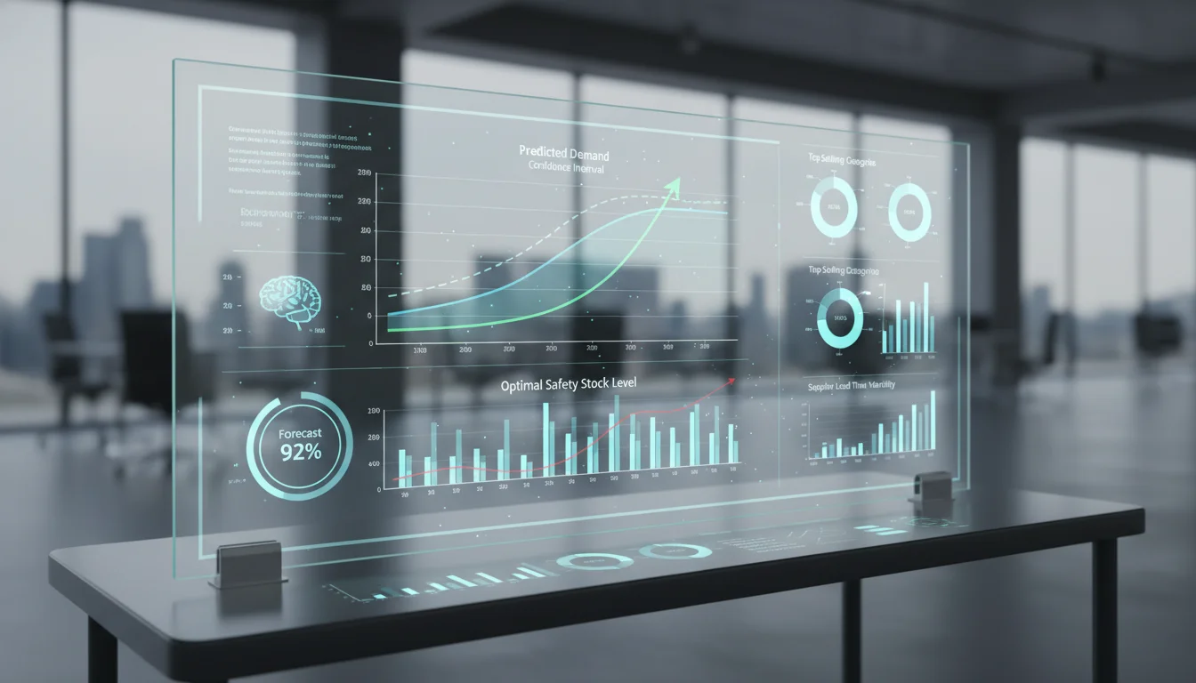 Detailed dashboard showing predictive analytics graphs with confidence intervals, illustrating how AI forecasts demand patterns and calculates optimal safety stock levels for e-commerce businesses.