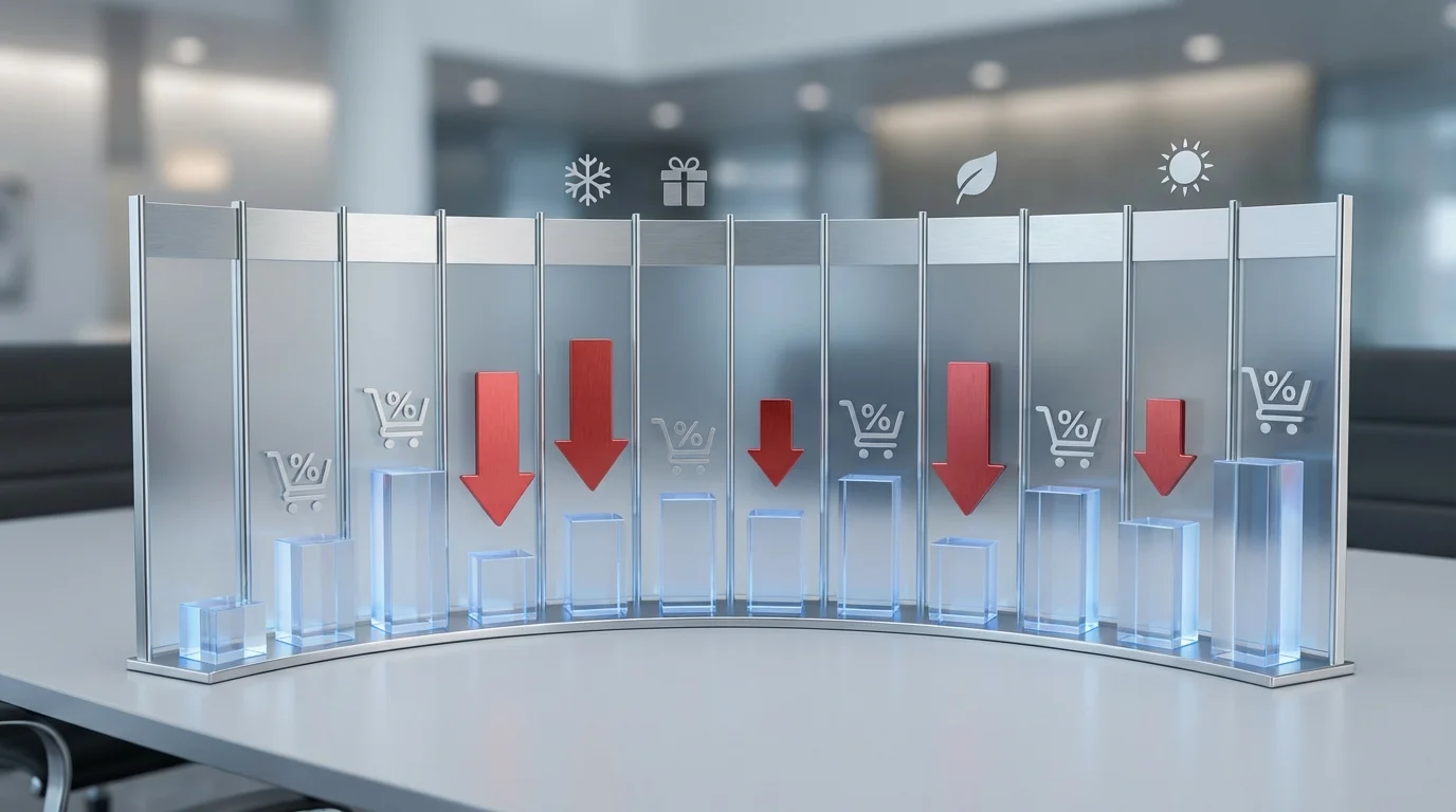 A conceptual visual representing e-commerce annual sales calendar with price drop indicators and seasonal shopping events, emphasizing the strategic timing of the cheapest purchasing periods.