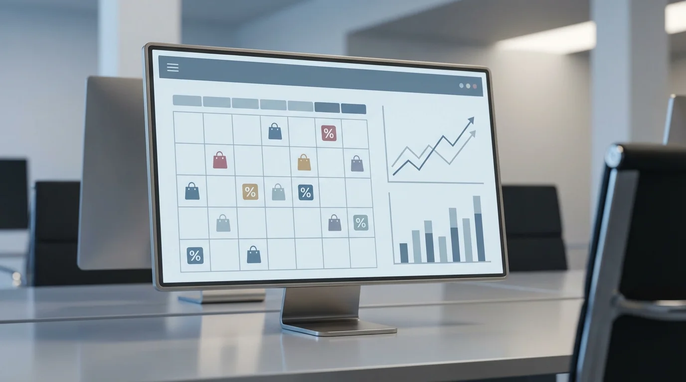 A sophisticated digital calendar interface showing various shopping event markers and sales growth charts, symbolizing strategic e-commerce planning for 2026.