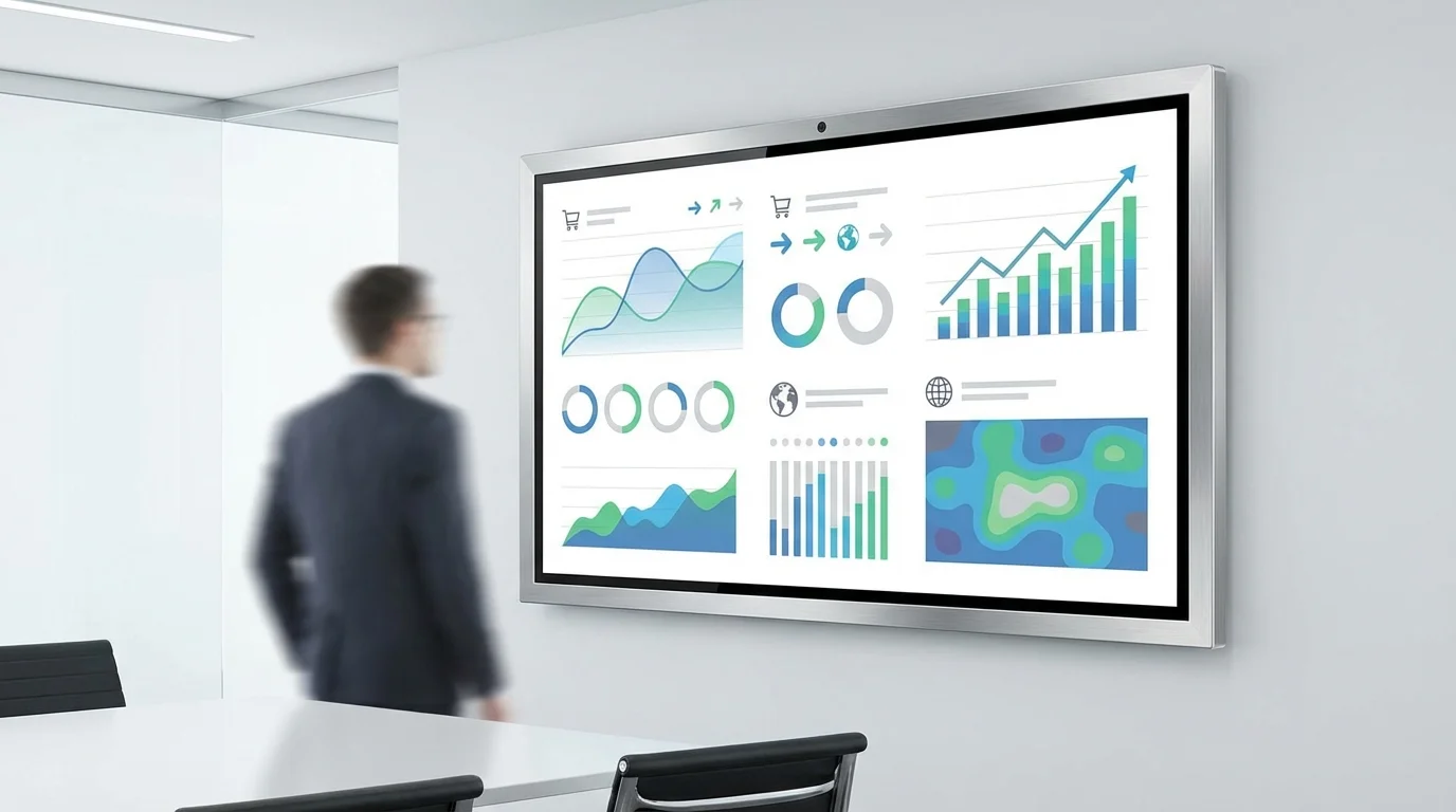 A professional business dashboard displaying real-time e-commerce analytics, conversion rate graphs, and multi-channel sales data.
