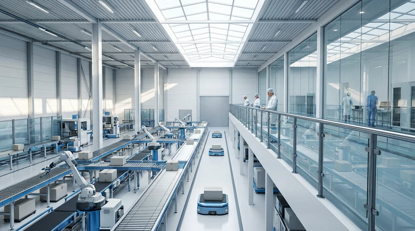 A modern logistics fulfillment center with automated sorting systems representing efficient supply chain management.