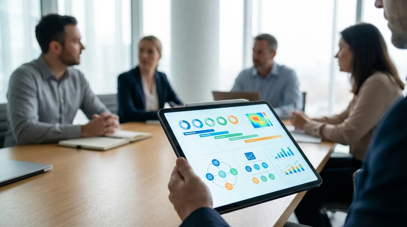 A strategic planning session with a tablet displaying a marketing roadmap, focused on retail seasonal cycles, consumer behavior analytics, and multi-channel inventory management.