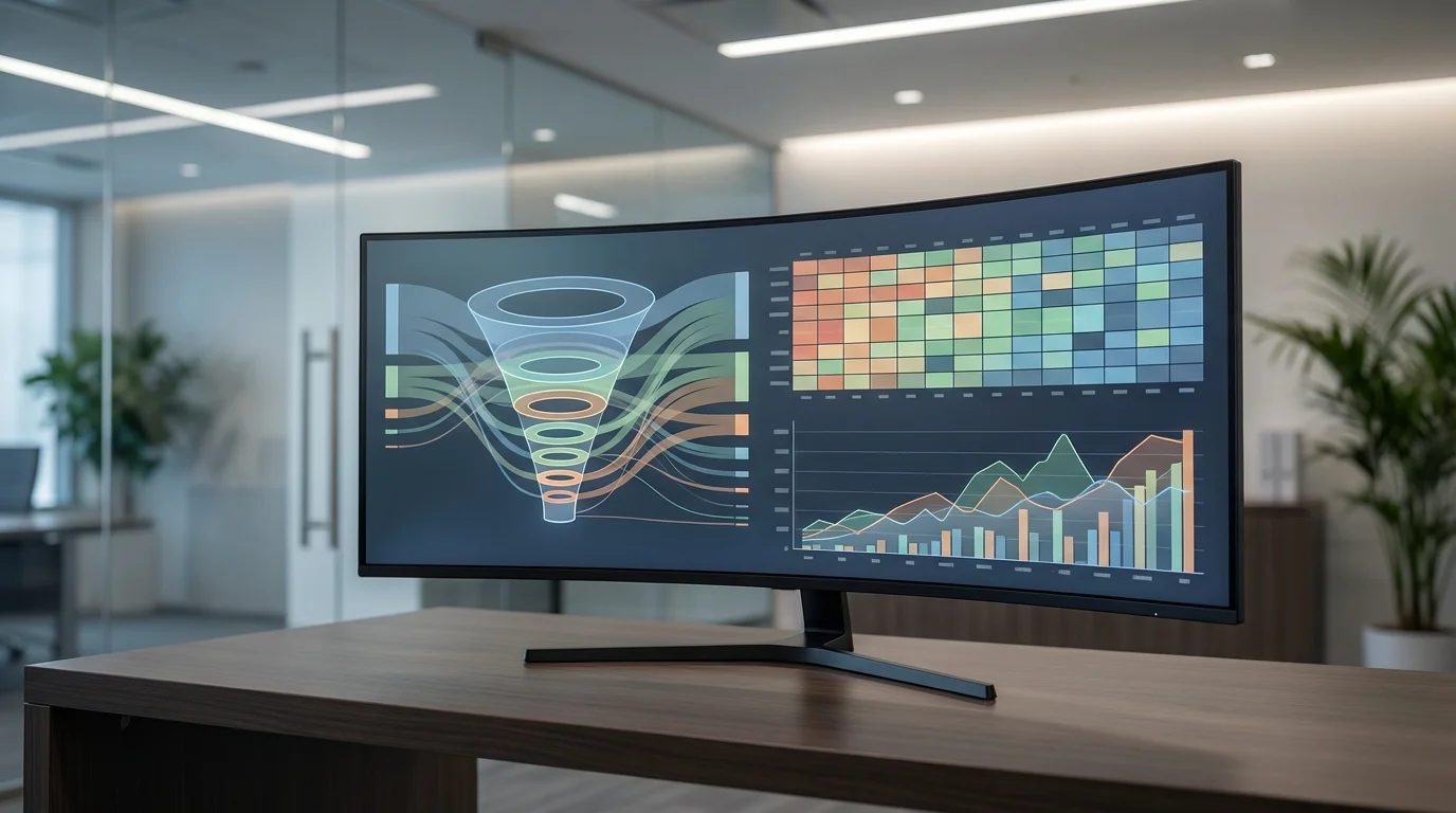 A sophisticated digital analytics dashboard displaying complex e-commerce performance data, including conversion funnels, user retention heatmaps, and multi-channel revenue growth statistics on a high-resolution screen.