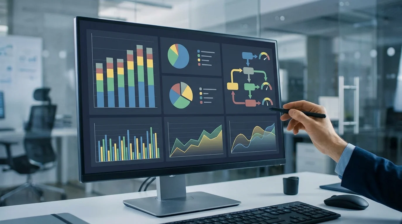 Detailed financial dashboard on a computer screen visualizing e-commerce performance metrics, revenue breakdown, and cost analysis, essential for understanding the dynamic fee structure of the ecosystem.