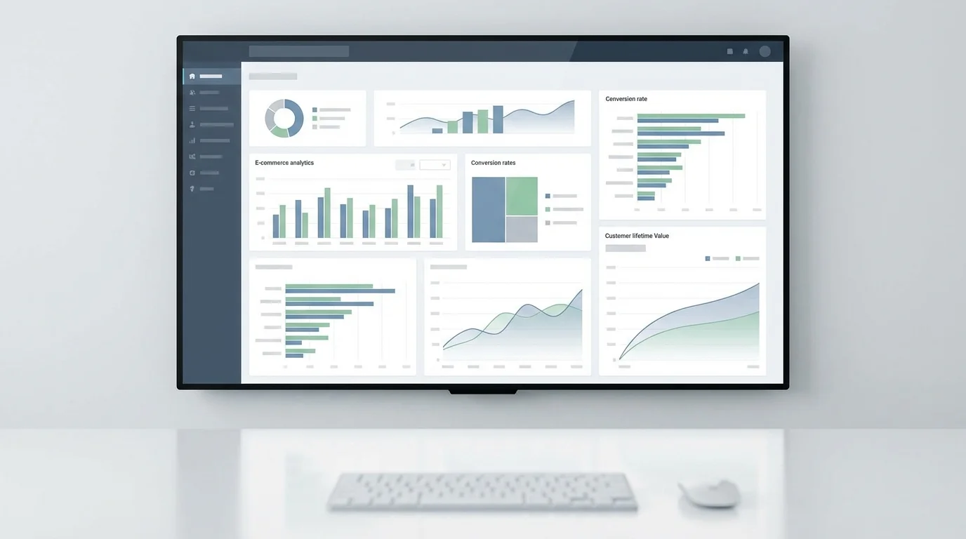 A professional dashboard showing e-commerce analytics, conversion rates, and customer lifetime value metrics for a digital storefront, displaying various data visualizations in a clean and minimalist design.