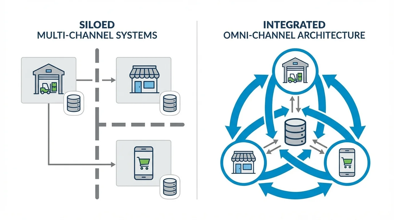Technical business diagram illustrating the difference between siloed multi-channel systems and integrated omni-channel architecture where data flows freely between warehouse, retail, and mobile platforms.