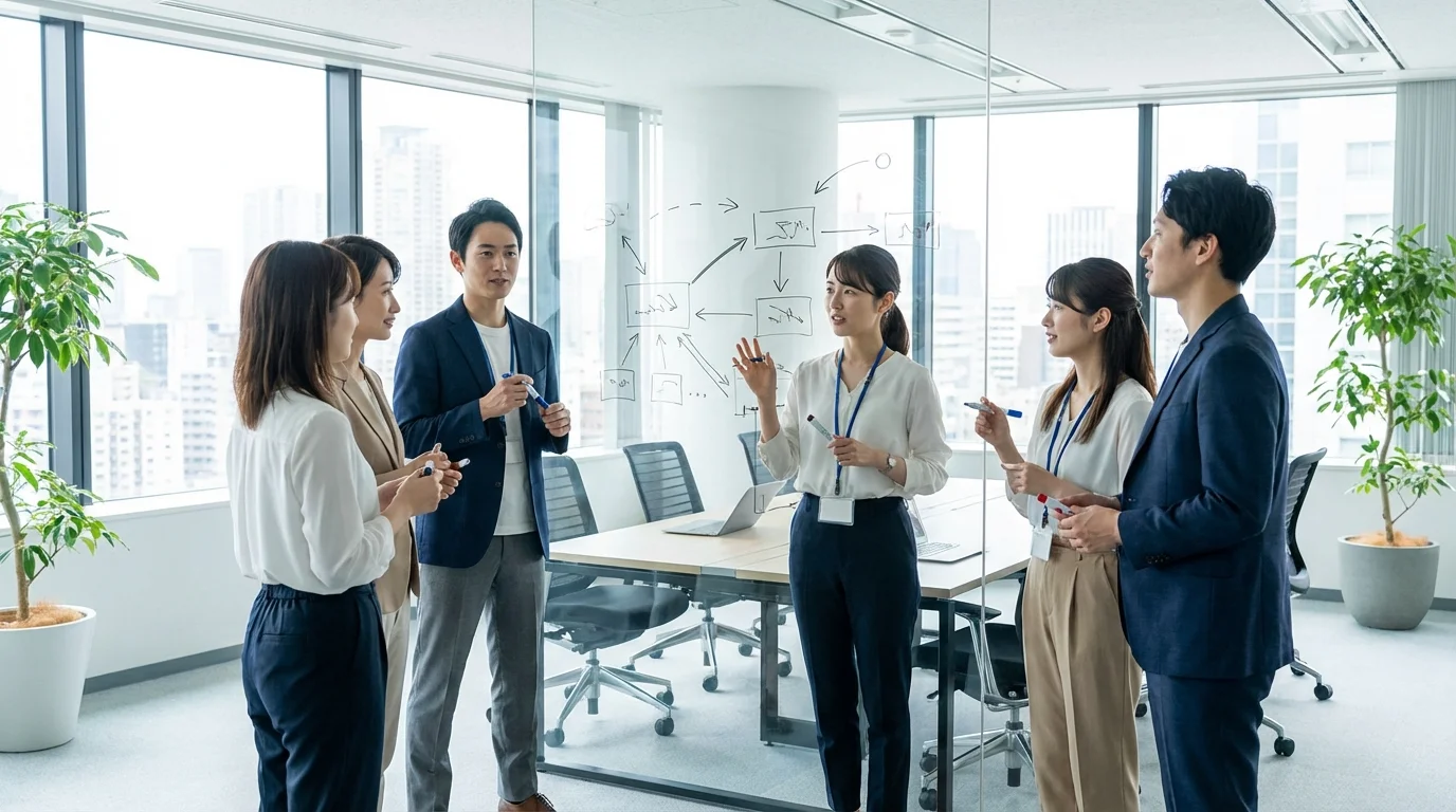A diverse team of e-commerce professionals having a strategic meeting in a bright modern office, brainstorming marketing tactics on a whiteboard.