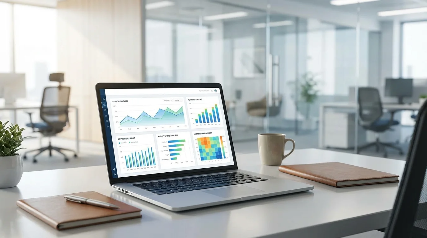 A professional workspace featuring a laptop with complex data charts and graphs representing search engine optimization metrics and competitive analysis for an e-commerce business strategy.