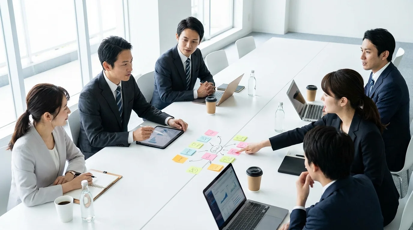 A diverse team of marketing experts discussing search engine optimization algorithms and user experience design around a large white table with sticky notes and laptops.